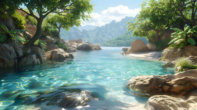 A tranquil image displaying crystal-clear waters of a secluded bay framed by rocks and verdant trees under a clear blue sky