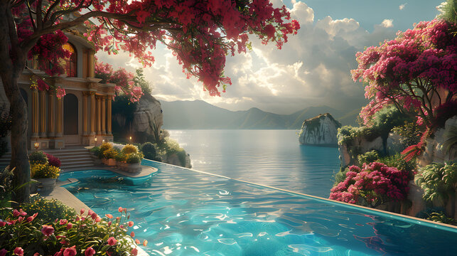 Image of a classic elegant pavilion beside an infinity pool overlooking the sea at sunset, adorned with blooming flowers