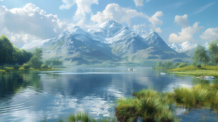 Majestic snow-covered mountains towering over a serene lake with clear waters and lush green surroundings