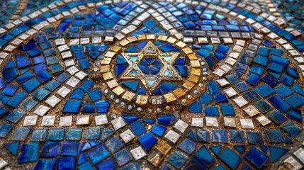 Decorative mosaic Jewish religion symbol star of David,  blue white and gold colors. Rosh Hashanah, Jewish New Year holiday or Hannukah greeting card concept. Generative ai