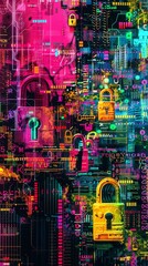 An abstract representation of data encryption colorful digital locks and keys amidst streams of encrypted code