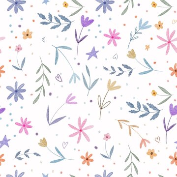 Childish seamless pattern with watercolor colorful flowers and leaves isolated on white background