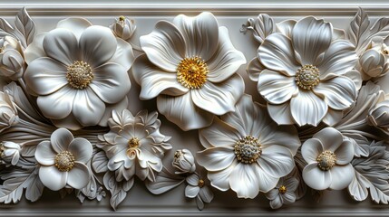  a group of white flowers sitting on top of a white table next to a white and gold framed piece of artwork.