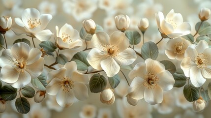  a close up of a bunch of flowers with green leaves on the stems and white flowers with green leaves on the stems. - obrazy, fototapety, plakaty