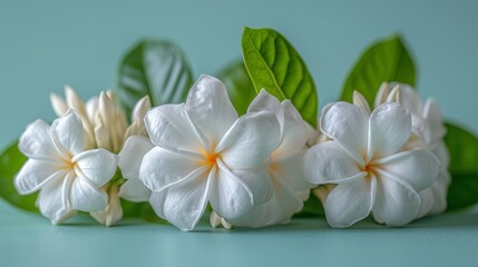  a group of white flowers sitting on top of a green leaf covered table next to a leafy green plant.