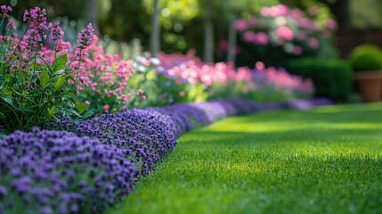 Obraz premium pink purple flowerbed flowers blossoming with morning sunlight shine as background, calm peaceful cheerful atmosphere springtime background, Generative Ai