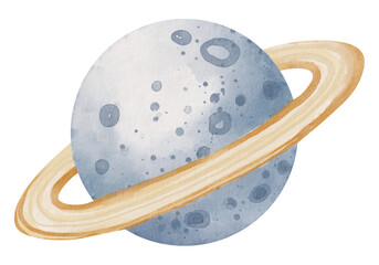 Planet with ring in a Space watercolor illustration. Drawing of Saturn in pastel colors for Baby shower greeting cards or childish birthday invitations. Sketch of galaxy on isolated background.