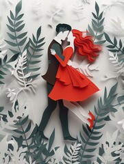 Elegant Paper Art Cutout: Formal Couple Dancing in Red Dress and Suit, Surrounded by Leaves on White Background