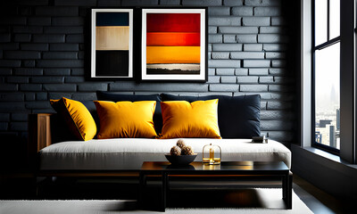 Modern Living Room: Rustic Cabinet and White Tufted Sofa Against Concrete Wall with Art Poster