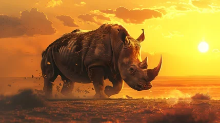 Schilderijen op glas Majestic rhino charging across a dusty landscape at sunset. dynamic wildlife scene. ideal for wildlife enthusiasts. AI © Irina Ukrainets