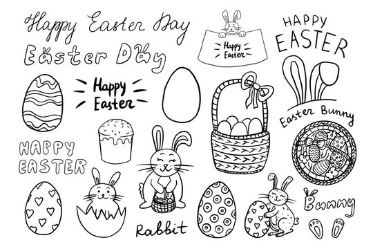 Cute set of Easter theme elements in doodle style. Bunny, rabbit, basket of eggs, eggs with patterns, wicker basket of flowers and eggs. Hand drawn vector illustration. Great for poster, banner