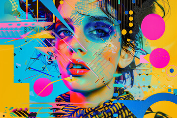 Fashion model in pop art collage style in vibrant colors