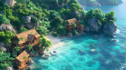 Obraz premium Treehouse perched above a clear turquoise sea surrounded by rocky coastline and greenery