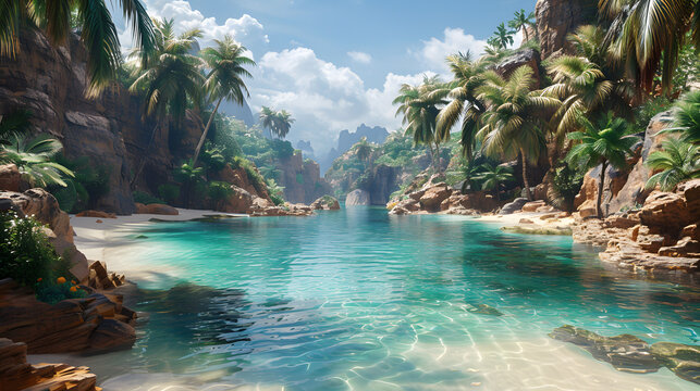 A crystal-clear river flows through a lush tropical oasis, framed by palm trees and rocky outcrops