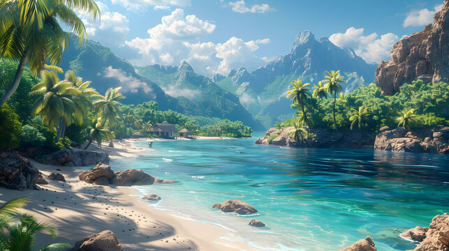 A picturesque beach cove framing a stunning mountain view amidst lush green palm trees and clear blue waters