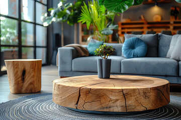 wooden coffee table near a gray sofa in a loft-style living room, side view, blurred background