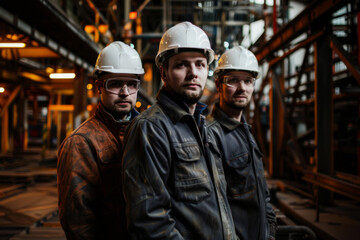 Three workers, clad in white helmets and uniforms, gaze down at the factory floor, indicating their attention and focus on their tasks within the industrial environment.