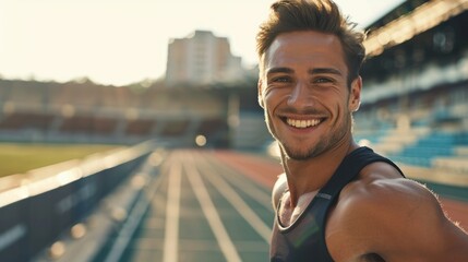 portrait of a man, Young athletic man with good looks and beautiful smile jogging in the stadium.