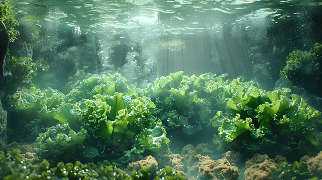 The image captures sunlight filtering through water onto vibrant underwater vegetation, highlighting nature's tranquility