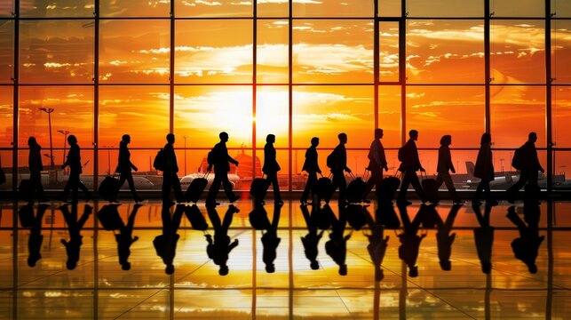 Diverse group of business professionals walking in airport with luggage in vibrant concourse setting