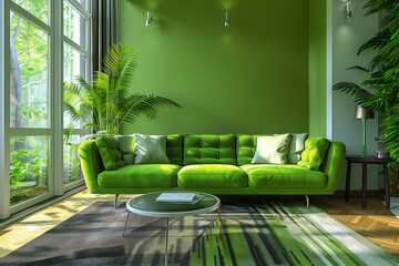 Round coffee table against pistachio color sofa background interior design of modern living room