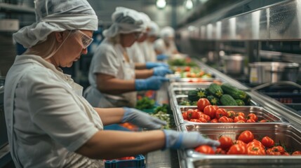 person in supermarket, Workers in a vegetable processing plant canning and packaging vegetables. 