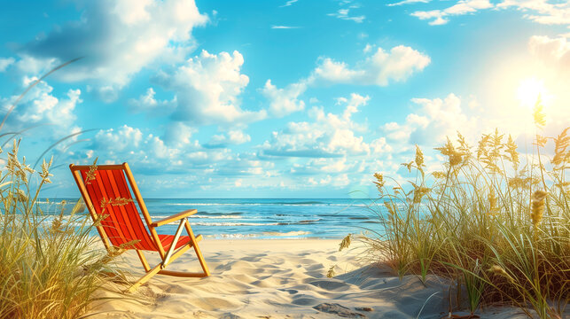 Seascape with a red retro deckchair