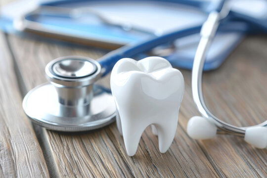 A tooth with a stethoscope rests on a dentist's table, illustrating the concept of oral care.