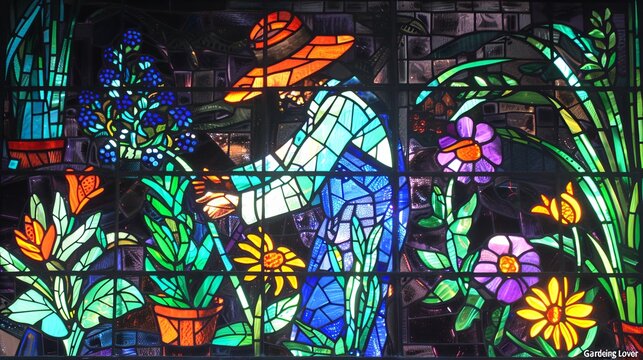 stained glass window girl with flowers