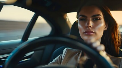Focused woman driving car during sunset, modern lifestyle and travel concept, stylish female driver on the road. AI