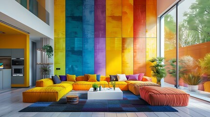 Bright colorful living room interior design with modern furniture. cozy and stylish space with sunlight. ideal for creatives and modern decor lovers. AI