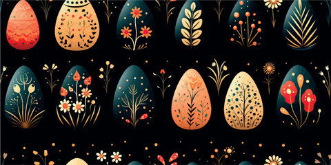 Easter print design of colorful eggs on a white background, drawing with paints. Painted Easter eggs ornament, pattern, print for printing on paper or fabric. Easter pattern holiday template.