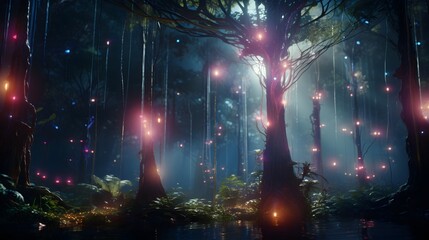 Fototapeta na wymiar Deep within a digital forest, creatures communicate in a language of light. Ethereal trees sway to the rhythm of their conversation