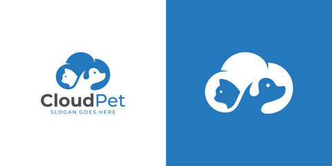 Creative Cloud Pet Logo. Cloud and Dog Cat with Minimalist Style. Pet Shop Logo Icon Symbol Vector Design Template.