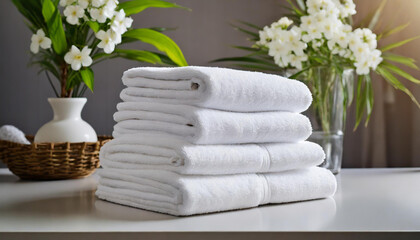 Fototapeta na wymiar Stack of clean fluffy white towels folded on table. Fresh smelling flowers.