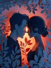 2D Paper Art of a Couple in the Woods at Sunset, Blue and Red Tones