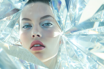 A beautiful young woman with blue eyes looks through abstract crystals with a prism and highlights. Background for design.