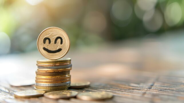 A stack of coins on the table. The coin depicts an emotional face. The concept of saving money, deposit, wealth. The background is blurred with round highlights bokeh. copy space