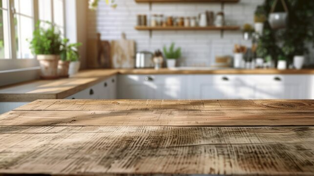 Wooden table, counter on a blurred kitchen background - can be used to showcase or mount your products