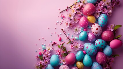 Fototapeta na wymiar Easter decoration. Colorful eggs and floral elements on pink background with copy space. Beautiful colorful easter eggs. Happy Easter. Isolated. 
