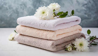 Stack of clean fluffy towels folded on white table. Fresh smelling flowers.