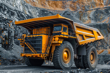 A heavy mining dump truck maneuvers through the rugged terrain of the quarry, its massive tires churning up clouds of dust as it carries out its work amidst the industrial landscape.