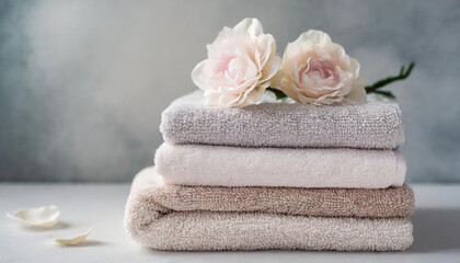 Fototapeta na wymiar Stack of clean fluffy towels folded on table. Fresh smelling flowers