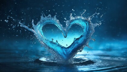 heart splash of blue water isolated on dark blue background