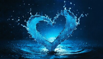 heart splash of blue water isolated on dark blue background