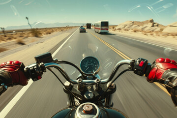 A dynamic image captures a biker on a motorcycle as they speed along the highway, seen from a first-person perspective. - obrazy, fototapety, plakaty