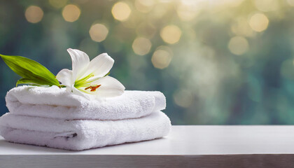 Stack of clean fluffy towels folded on table. Fresh smelling flower.