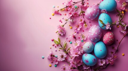 Obraz na płótnie Canvas Easter decoration. Colorful eggs and floral elements on pink background with copy space. Beautiful colorful easter eggs. Happy Easter. Isolated. 