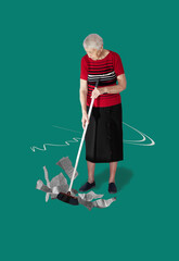Contemporary art collage. Senior woman collects garbage with a brush - newspaper scraps as fake news isolated over color background. Fake information on media. Concept of creativity, imagination, ad
