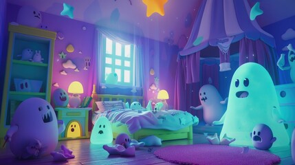 Creepy nightmares and scary bedtime stories come to life, 3D cartoon animation - obrazy, fototapety, plakaty